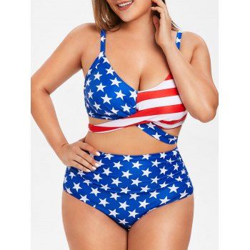 Plus Size American Flag Print Criss Cross Bikini Set