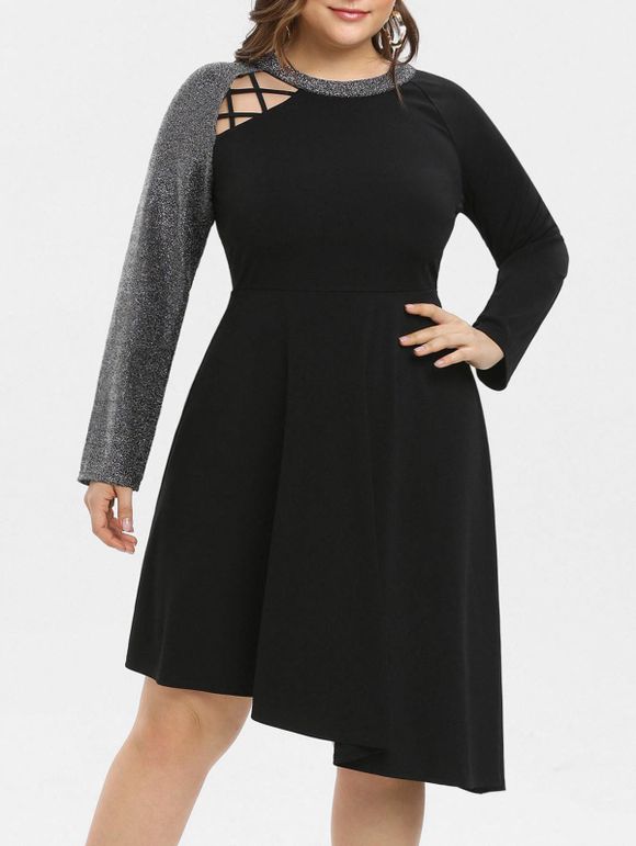 Robe Découpée Asymétrique de Grande Taille à Paillettes - Noir 1X