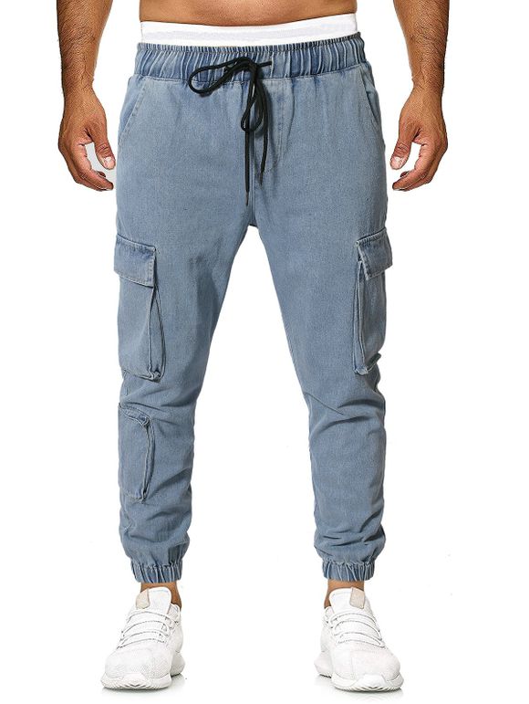 Pantalon de Jogging en Couleur Unie à Cordon en Jean - Bleu gris XS