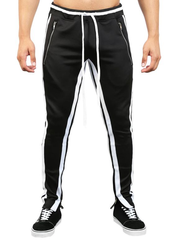 Pantalon de Survêtement Zippé Contrasté à Ourlet Rayé à Cordon - Noir 2XL