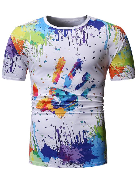 T-shirt Empreinte et Peinture Eclaboussée Colorée Imprimées - Blanc L