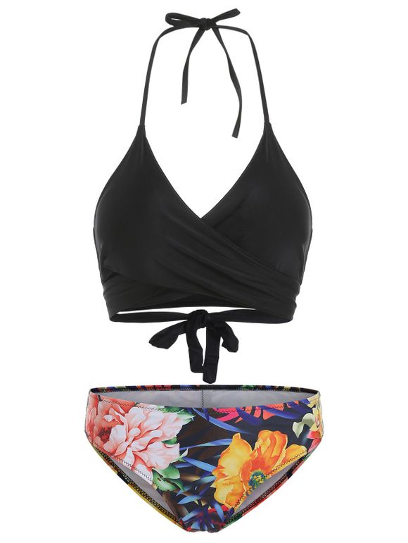Ensemble Bikini en Portefeuille Dos-Nu avec Imprimé Floral - Noir L