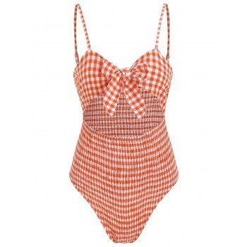 [41% OFF] 2024 Spaghetti Strap Smocked Checked Print Swimwear In PAPAYA ...