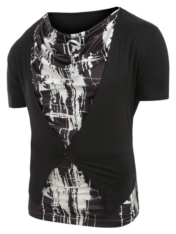 T-shirt Abstrait Imprimé Faux Tordu à Col Bénitier - Noir 2XL