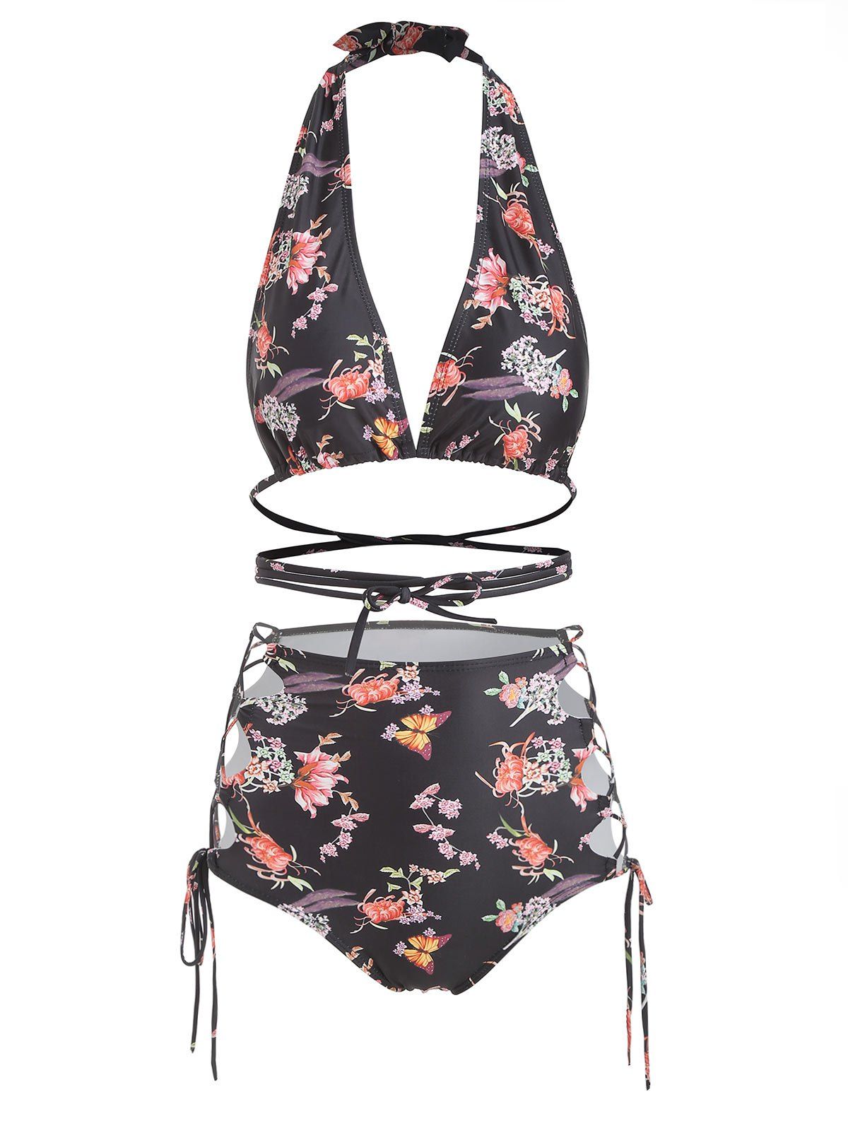 

Floral Butterfly Print Lace Up High Waist Bikini Set, Black