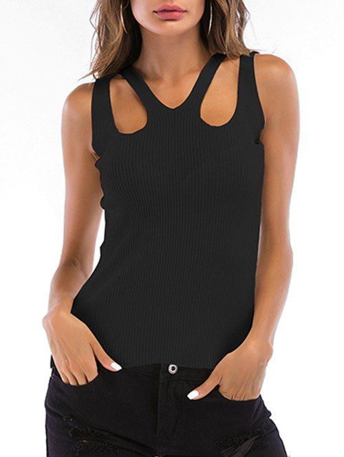 [41% OFF] 2020 Ribbed Knit Cut Out Tank Top In BLACK | DressLily