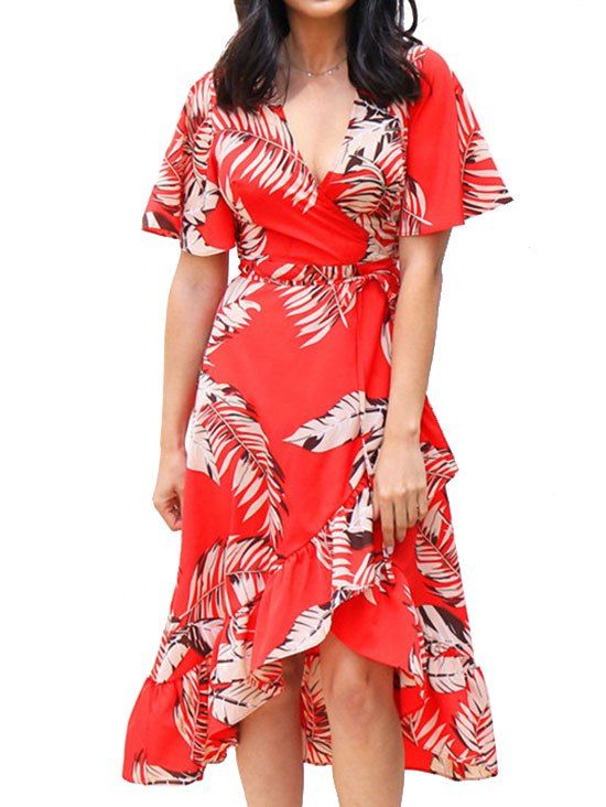 

Front Slit Ruffle Leaves Print Dress, Ruby red