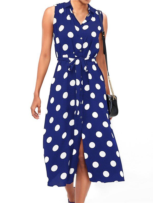

Button Sleeveless Polka Dot Dress, Blueberry blue