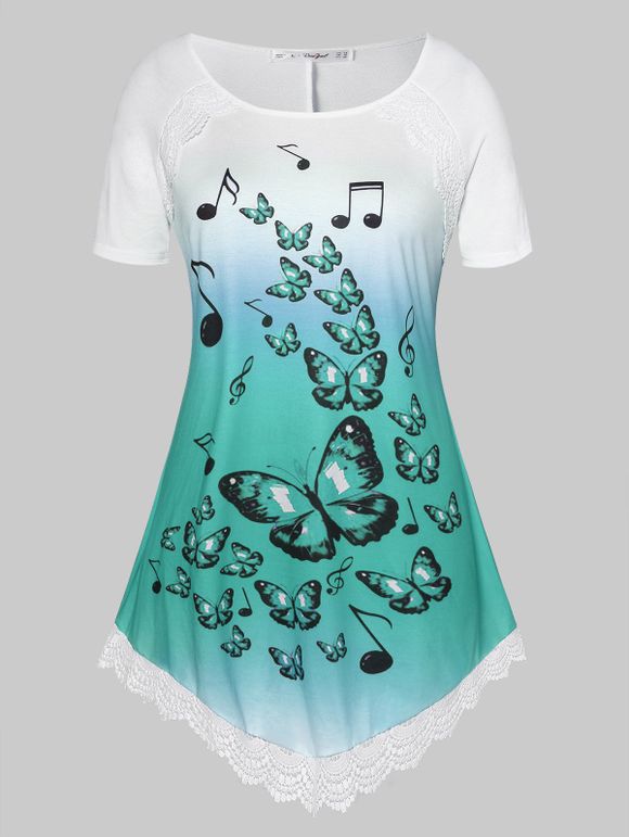 T-shirt Papillon Imprimée à Manches Raglan de Grande Taille - Bleu Hosta 1X