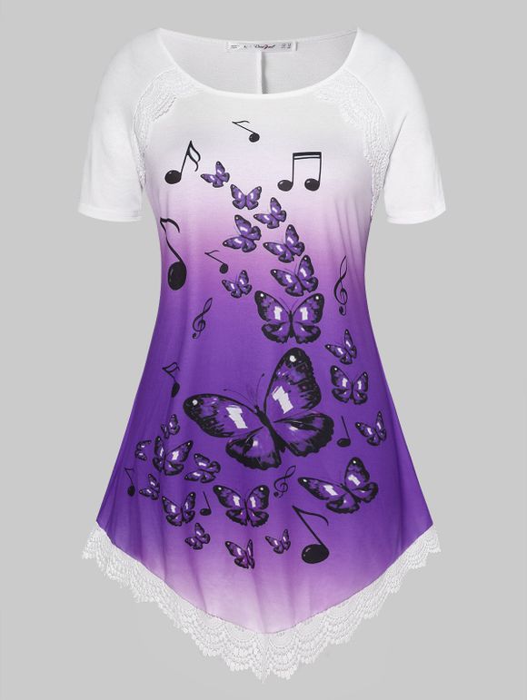 T-shirt Papillon Imprimée à Manches Raglan de Grande Taille - Violet Buisson L