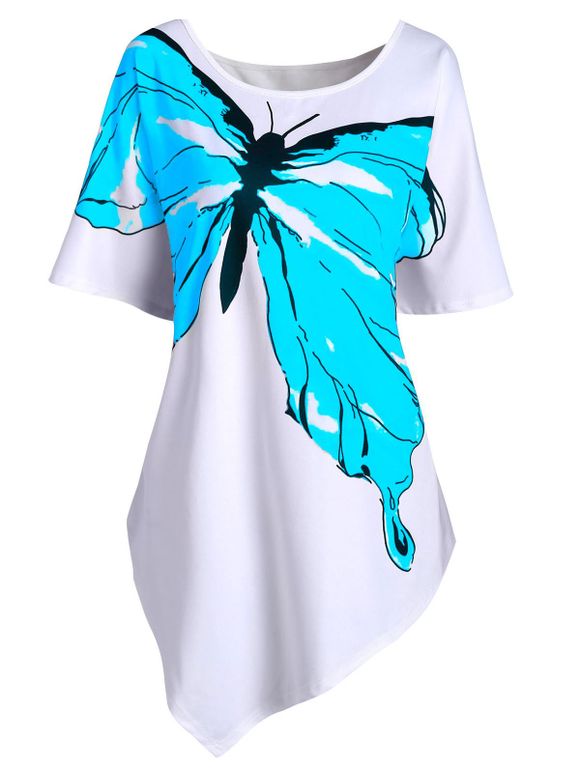 T-shirt Asymétrique Papillon Imprimé de Grande Taille - Bleu Zircon 3X