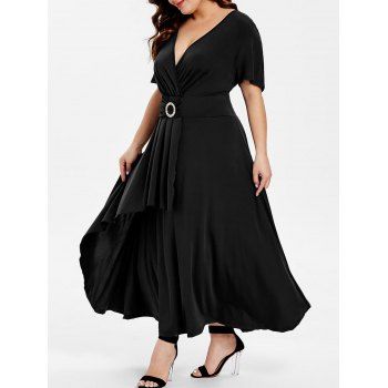 2019 Short Sleeve High Waist Flare Dress In BLACK 1X | DressLily.com