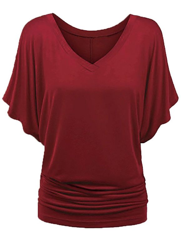 T-shirt Plissé à Manches Chauve-souris - Rouge Vineux XL