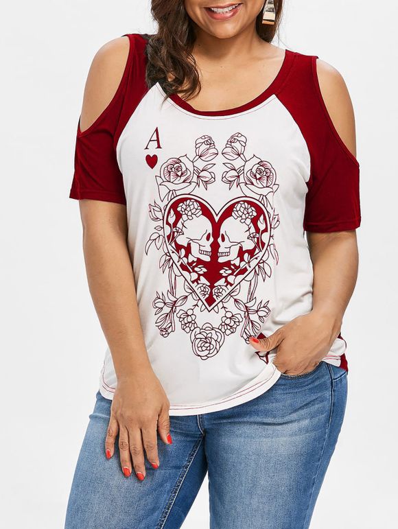 T-shirt Fleuri Crâne Imprimée à Epaule Ouverte de Grande Taille - Rouge Vineux L