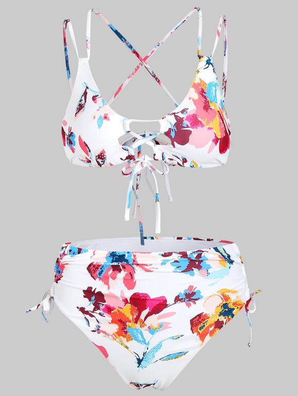 Ensemble de Bikini Fleuri Imprimé à Taille Haute à Lacets - Blanc XL