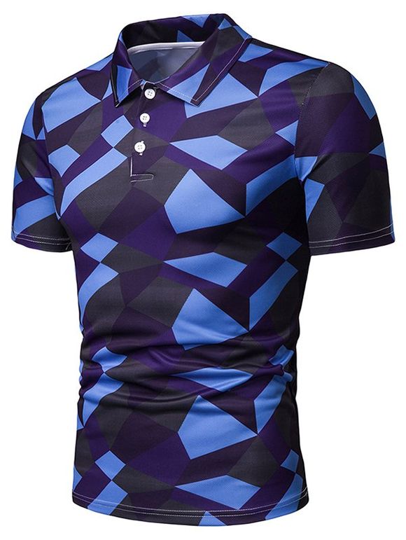 T-shirt Géométrique à Demi-Boutons - Bleu XL