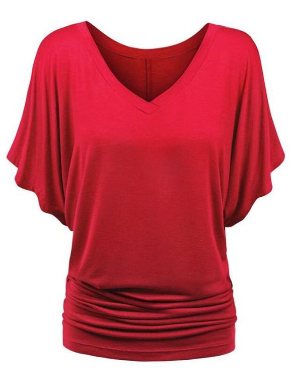 V Neck Plus Size Ruched T-shirt - RED 3X