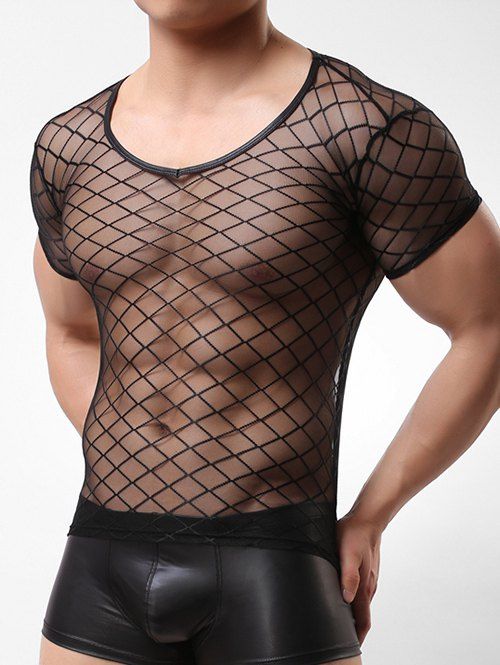 T-shirt Sexy en Maille Ajourée à Manches Courtes - Noir XL