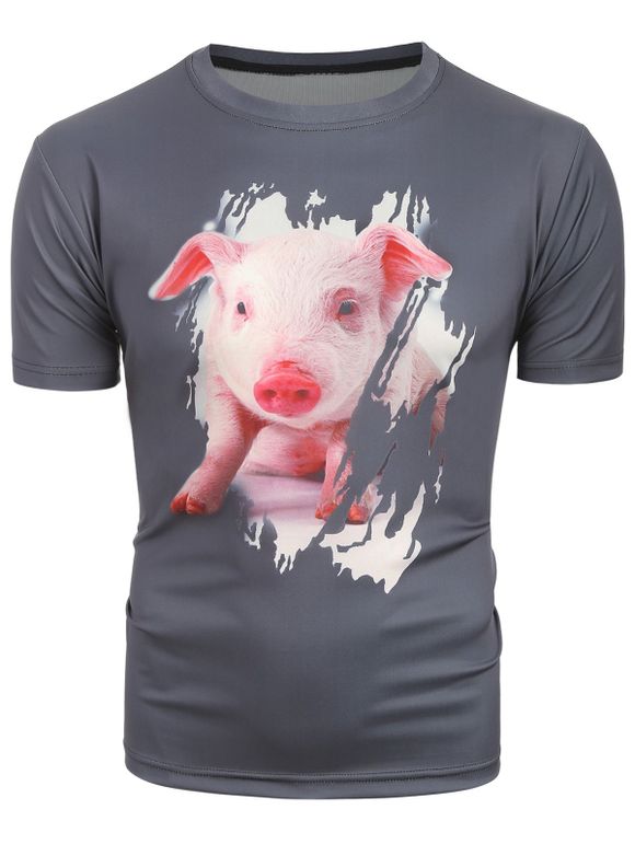T-shirt Cochon Mignon Imprimé à Manches Courtes - Gris Foncé XL