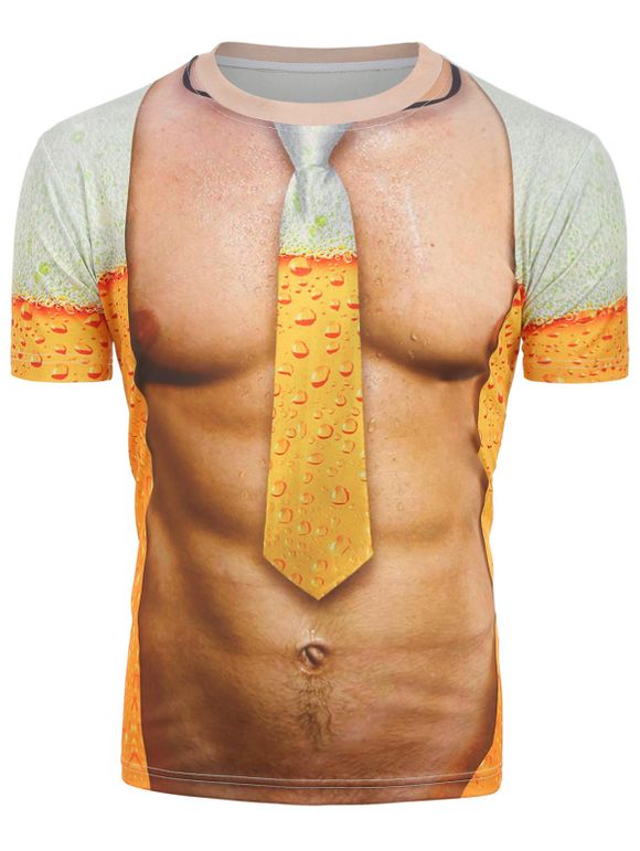 T-shirt Noué 3D Muscle Imprimé à Manches Courtes - Jaune Clair XL