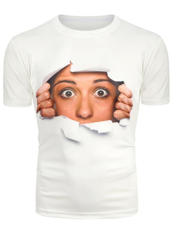 T-shirt 3D Visage Imprimé à Manches Courtes - Blanc S