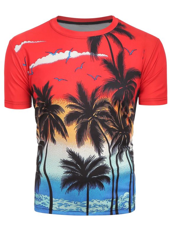 T-shirt Palmier Imprimé à Manches Courtes - Rouge Lave XS
