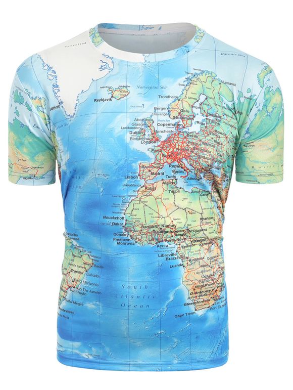 T-shirt 3D Carte Imprimée à Manches Courtes - Bleu clair M