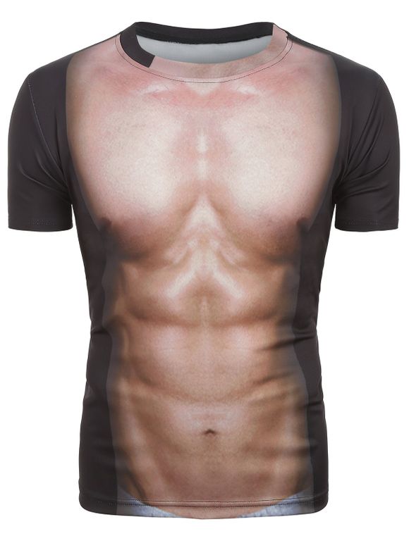 T-shirt 3D Muscle Imprimé à Col Rond - Noir XS
