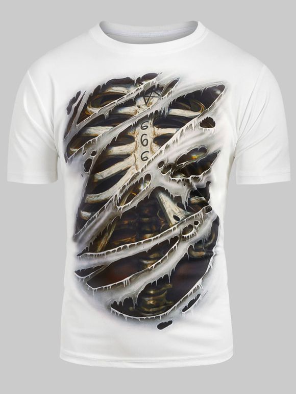 T-shirt 3D Squelette Imprimé à Manches Courtes - Blanc XS