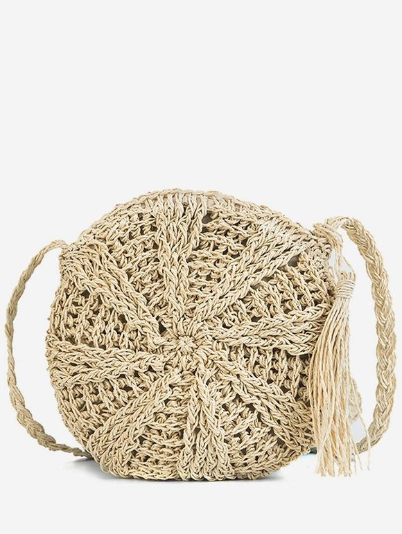 Round Shape Straw Woven Crossbody Bag - BEIGE 