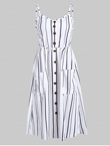 Pocket Striped Cami Buttoned Dress