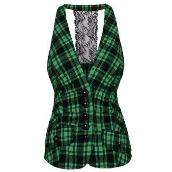 

Lace Panel Checked Vest, Medium forest green