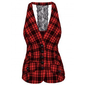 

Lace Panel Checked Vest, Red