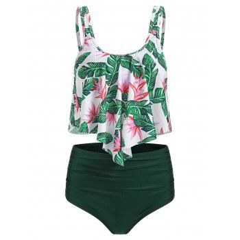 

Tummy Control Tankini Swimsuit Floral Print Swimwear Flounce High Waisted Ruched Summer Beach Bathing Suit, Dark green
