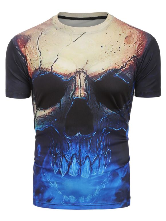 T-shirt 3D Crâne Imprimé à Manches Courtes - Bleu 2XL