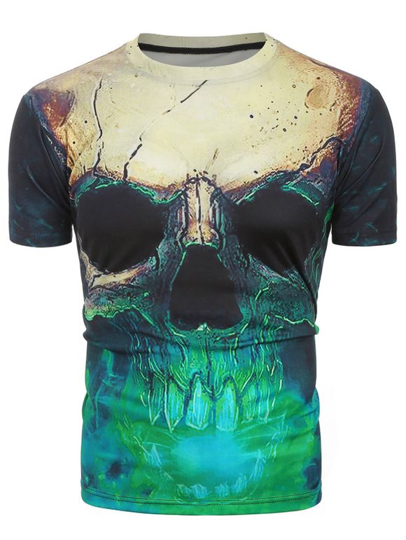 T-shirt 3D Crâne Imprimé à Manches Courtes - Turquoise Moyenne XS
