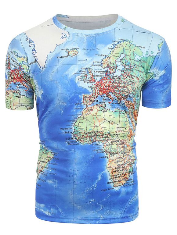 T-shirt 3D Carte Imprimée à Manches Courtes - Bleu XL