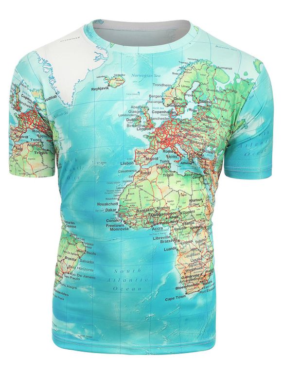 T-shirt 3D Carte Imprimée à Manches Courtes - Turquoise Moyenne S
