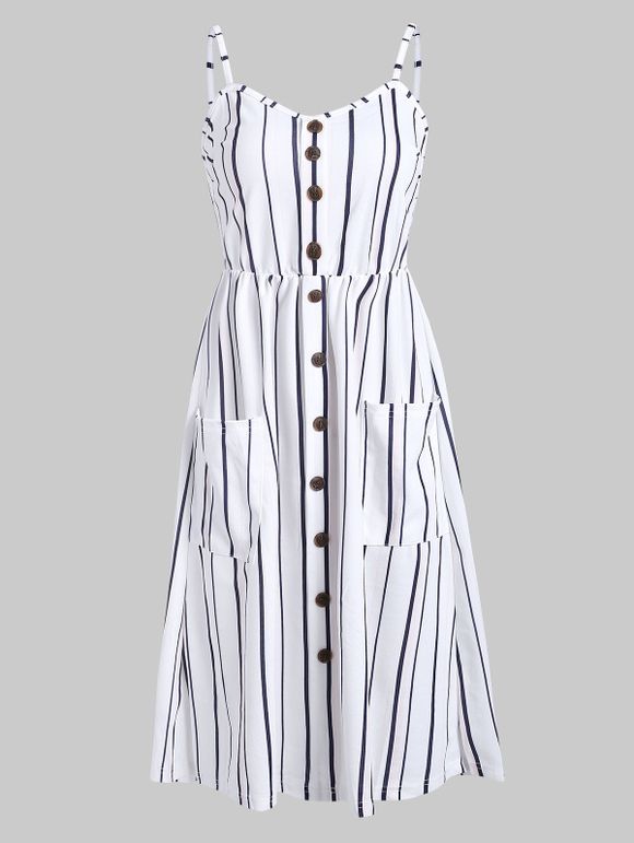 Robe Boutonnée Rayée à Bretelle avec Poche - Blanc 2XL