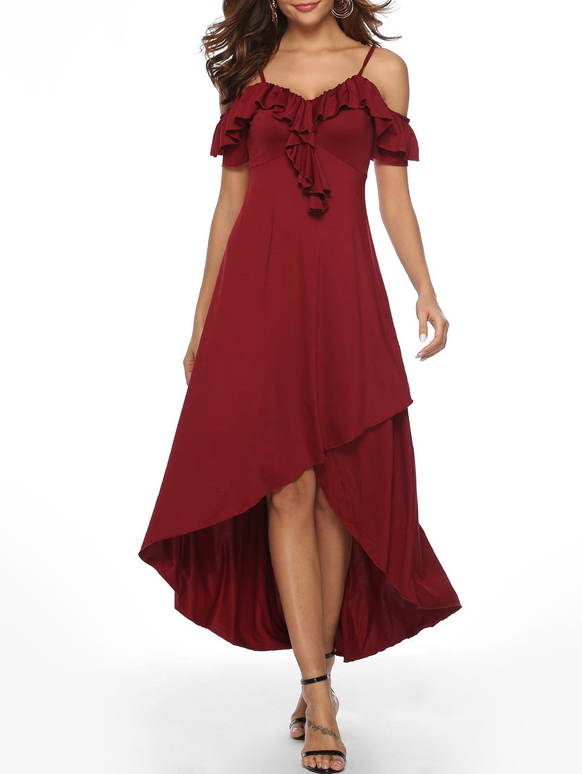 red cold shoulder ruffle detail maxi dress
