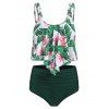 Tummy Control Floral Swimsuit Flounce Tankini High Waisted Ruched Swimwear Set - RED WINE XL