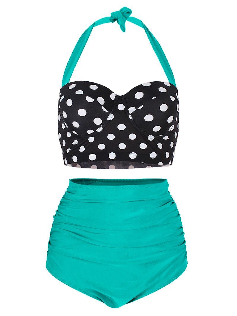 Polka Dot Ruched Halter Bikini Set - GREEN XL