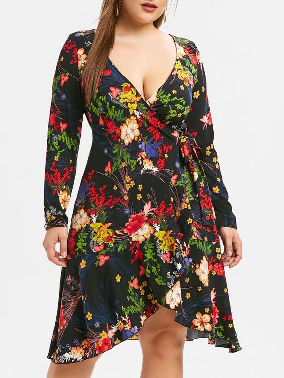 Robe Enveloppée Nouée Plante Imprimée de Grande Taille - multicolor L