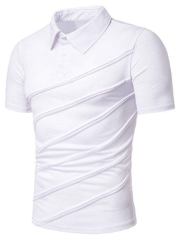 

Pleated Striped Shirt Collar T Shirt, White