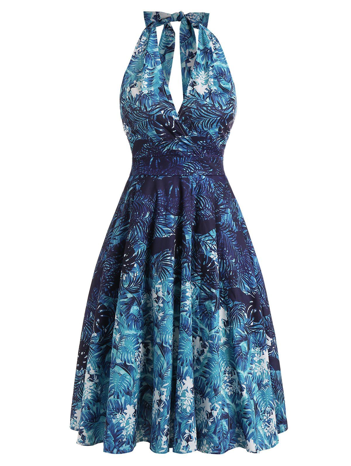 

High Waist Halter Printed Dress, Deep blue