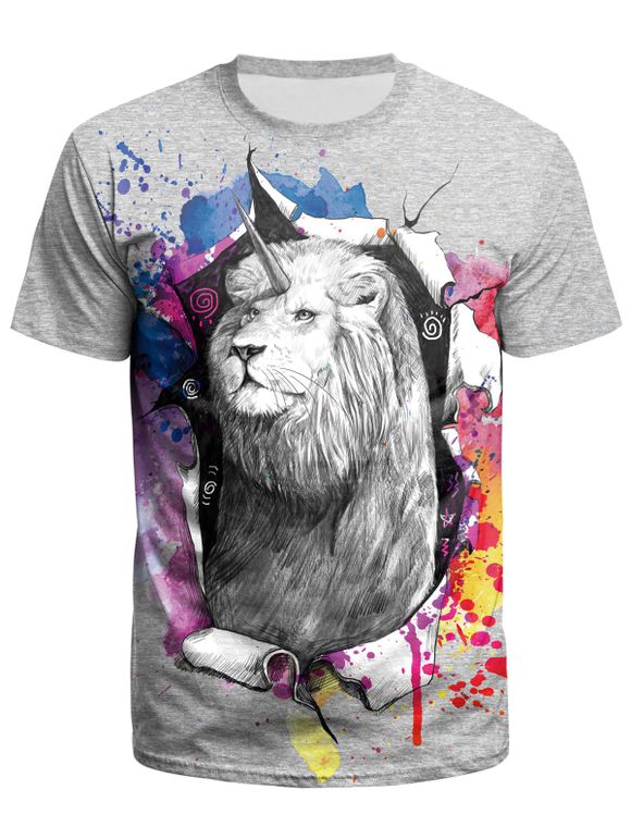 T-shirt Lion Imprimé à Manches Courtes - Nuage Gris S