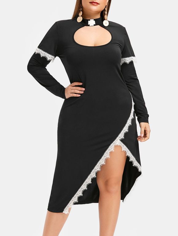 Robe d'Halloween Découpée en Dentelle Insérée de Grande Taille - Noir L