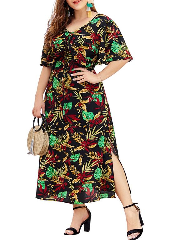 Robe Tropicale Imprimée de Grande Taille à Volants - multicolor 2X