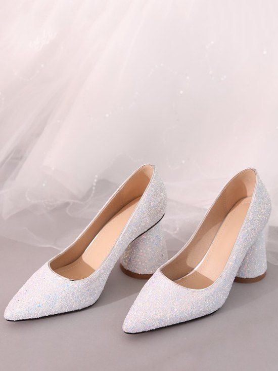 

Sequins Decoration Chunky Heel Pumps, White