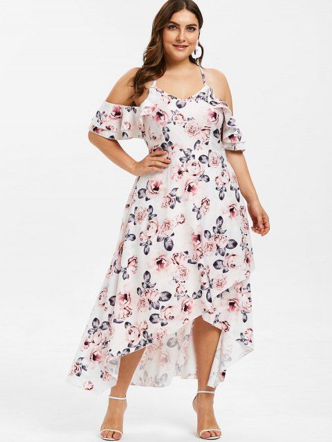 [44% OFF] 2019 Plus Size Floral Print Ruffle Trim Asymmetrical Dress In ...
